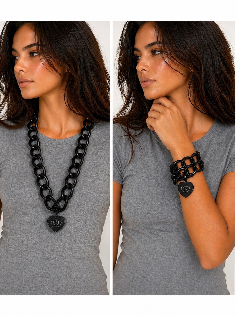 Juicy Couture Black Chunky Chain Necklace + bracelet with Heart Crown Set